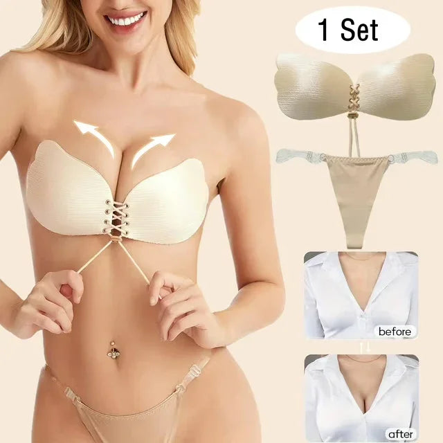 Viomisha 1 Set Women Sticky Bra And Thong Briefs Backless Strapless Bra Push Up Breathable Underwear Adhesive Invisible Lift Up Bras - Viomisha Viomisha 1 Set Women Sticky Bra And Thong Briefs Backless Strapless Bra Push Up Breathable Underwear Adhesive Invisible Lift Up Bras - Viomisha