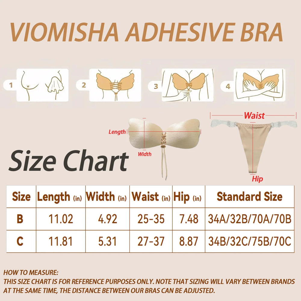 Viomisha 1 Set Women Sticky Bra And Thong Briefs Backless Strapless Bra Push Up Breathable Underwear Adhesive Invisible Lift Up Bras - Viomisha