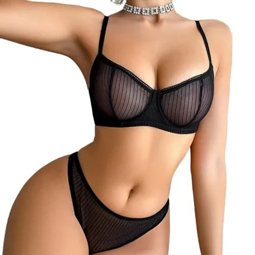 Viomisha Womens Transparent Bra and Underwear Set Perspective Mesh Underwear Bra Underwear Lace Bras Set 2-Piece Set Black - Viomisha