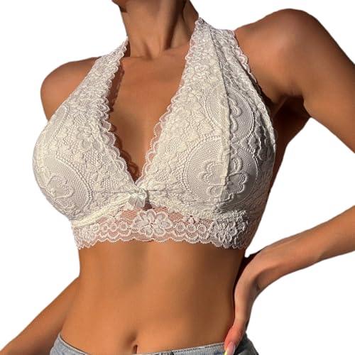 Viomisha Floral Lace Halter Bralette for Women Unpadded Wirefree Lace Bra Halter Crop Top with Hook and Eye Closure Back - Viomisha