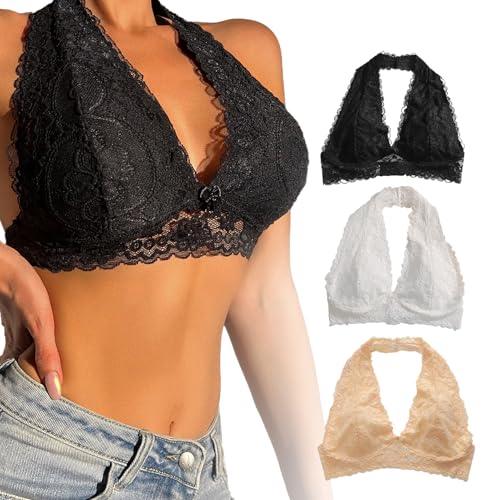 Viomisha Floral Lace Halter Bralette for Women Unpadded Wirefree Lace Bra Halter Crop Top with Hook and Eye Closure Back - Viomisha
