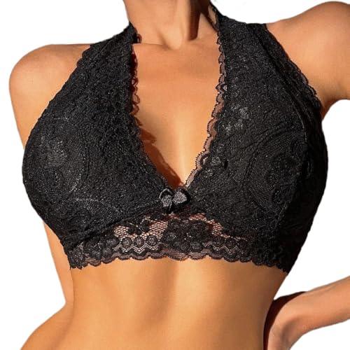 Viomisha Floral Lace Halter Bralette for Women Unpadded Wirefree Lace Bra Halter Crop Top with Hook and Eye Closure Back - Viomisha