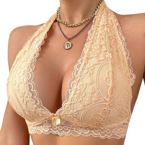 Viomisha Floral Lace Halter Bralette for Women Unpadded Wirefree Lace Bra Halter Crop Top with Hook and Eye Closure Back - Viomisha