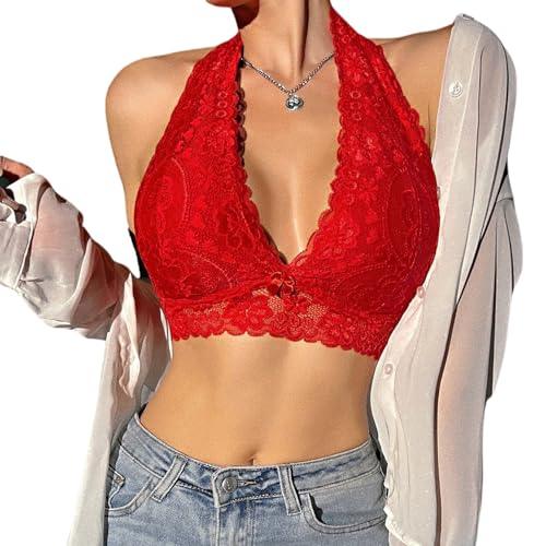 Viomisha Floral Lace Halter Bralette for Women Unpadded Wirefree Lace Bra Halter Crop Top with Hook and Eye Closure Back - Viomisha