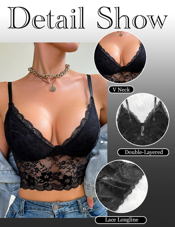 Viomisha Lace Bralettes for Women Sexy Scalloped Trim Bra No Underwire Adjustable Padded Bra Deep V Neck Bralette - Viomisha