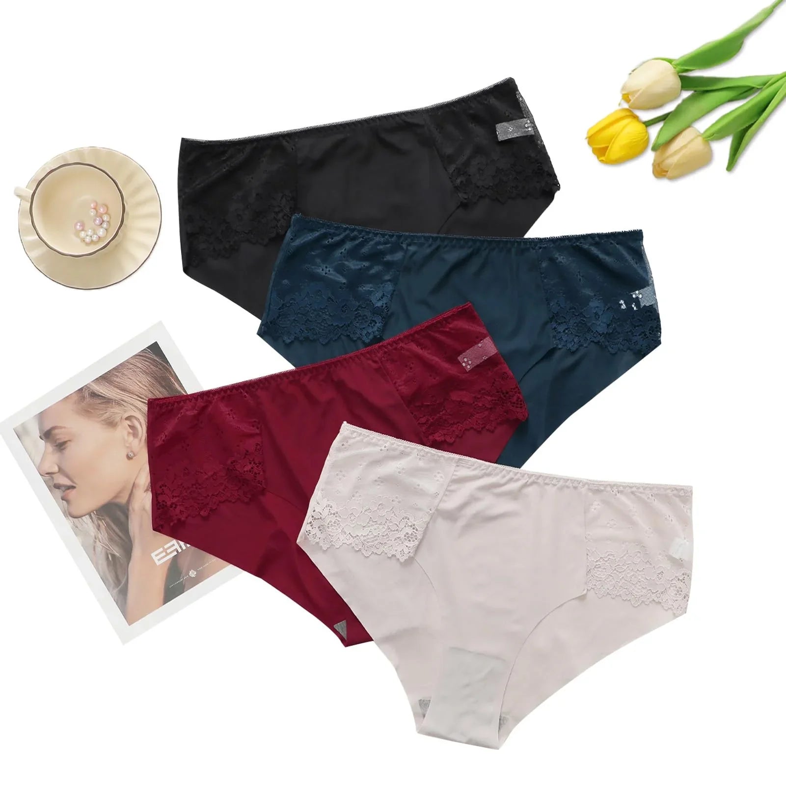 Women's Plus Size Lace Panties Multipack (4-Pack) - Breathable & Full Coverage - Viomisha