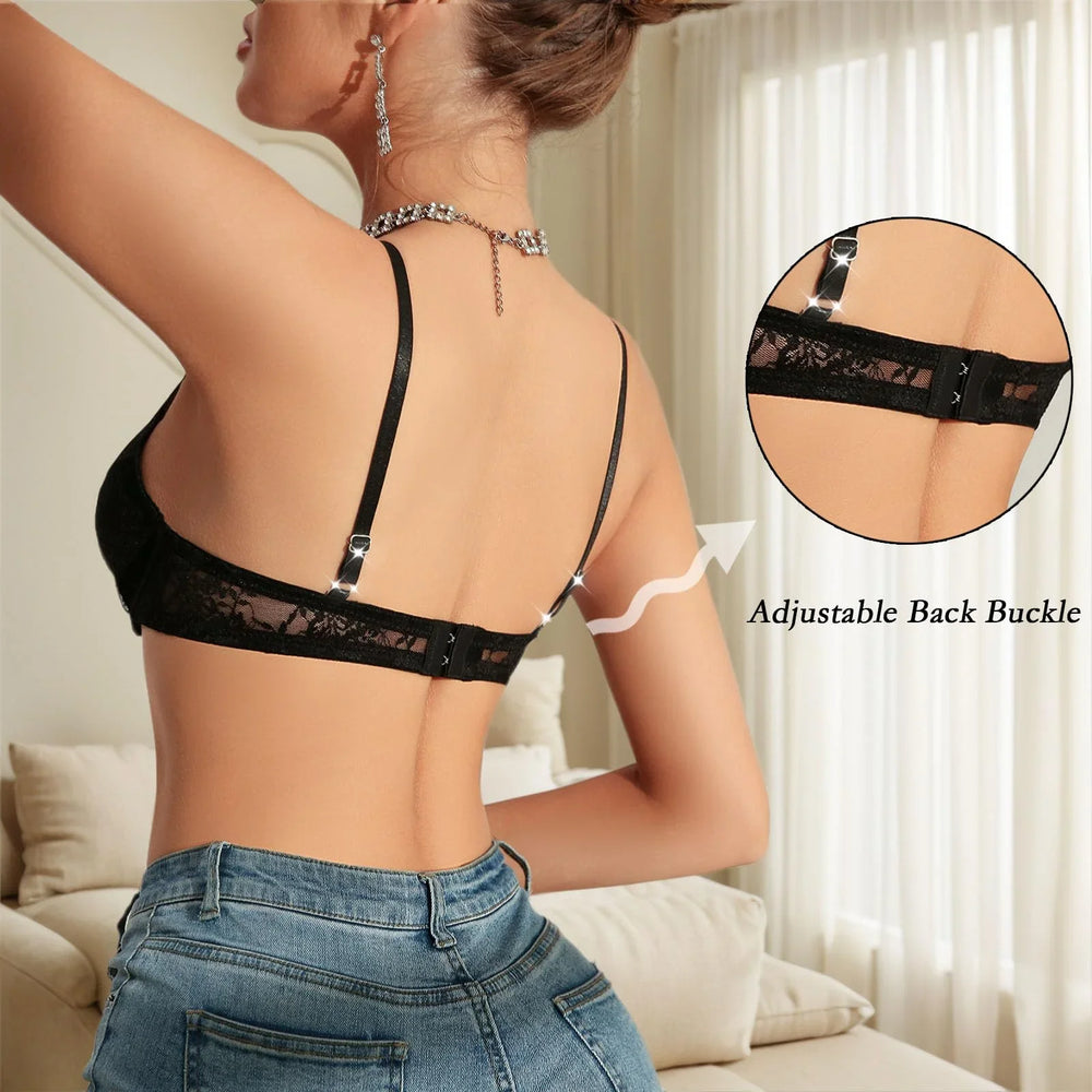 Viomisha Women's Sexy Lace Half Cup Bra Translucent Mesh Bra Deep V Neck Bralette Non-padded Underwire. - Viomisha