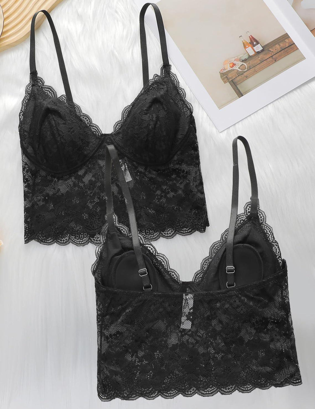 Viomisha Lace Bralettes for Women Sexy Scalloped Trim Bra No Underwire Adjustable Padded Bra Deep V Neck Bralette - Viomisha