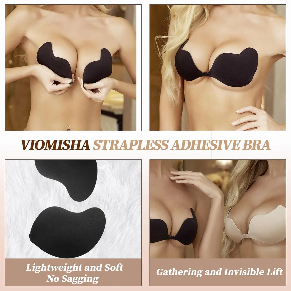 Viomisha Adhesive Bra Invisible 2 Pairs Lifting Bra, Sticky Strapless Push up Bra Reusable Silicone Backless Bras for Women - Viomisha