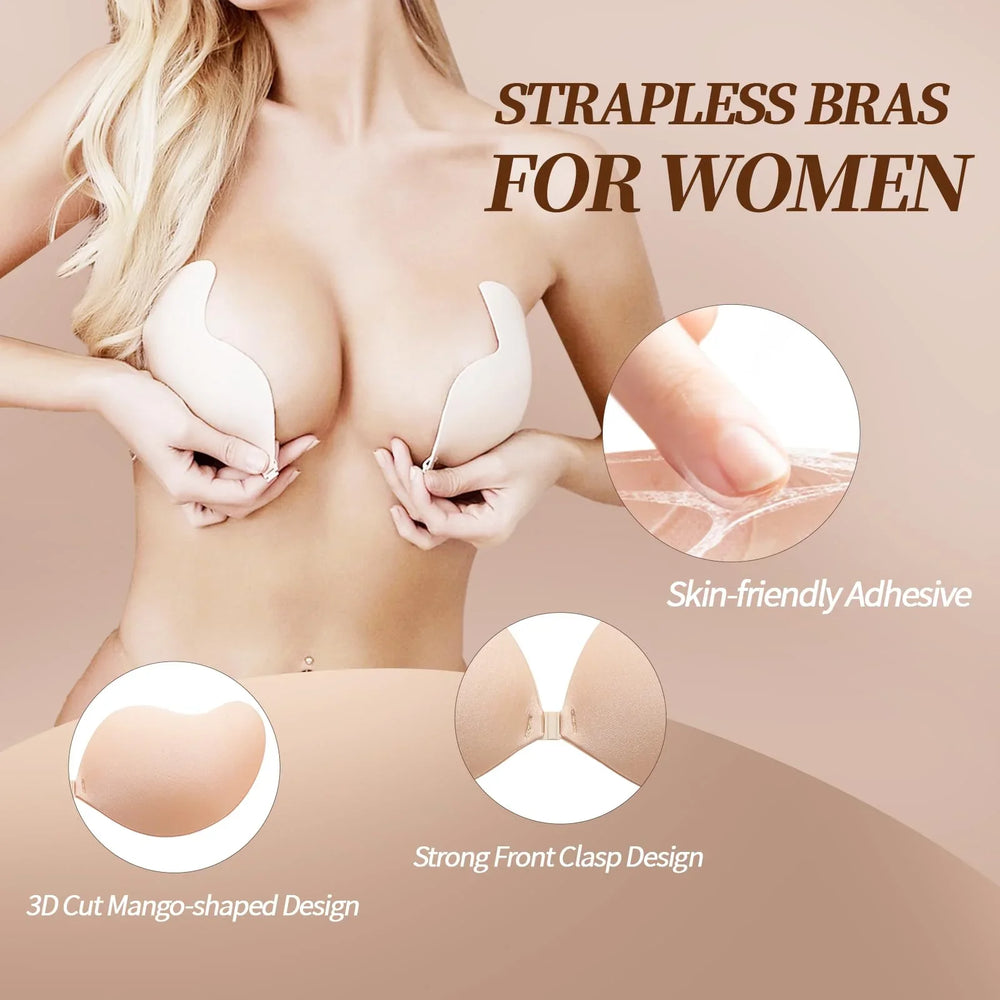 Viomisha Adhesive Bra Invisible 2 Pairs Lifting Bra, Sticky Strapless Push up Bra Reusable Silicone Backless Bras for Women - Viomisha