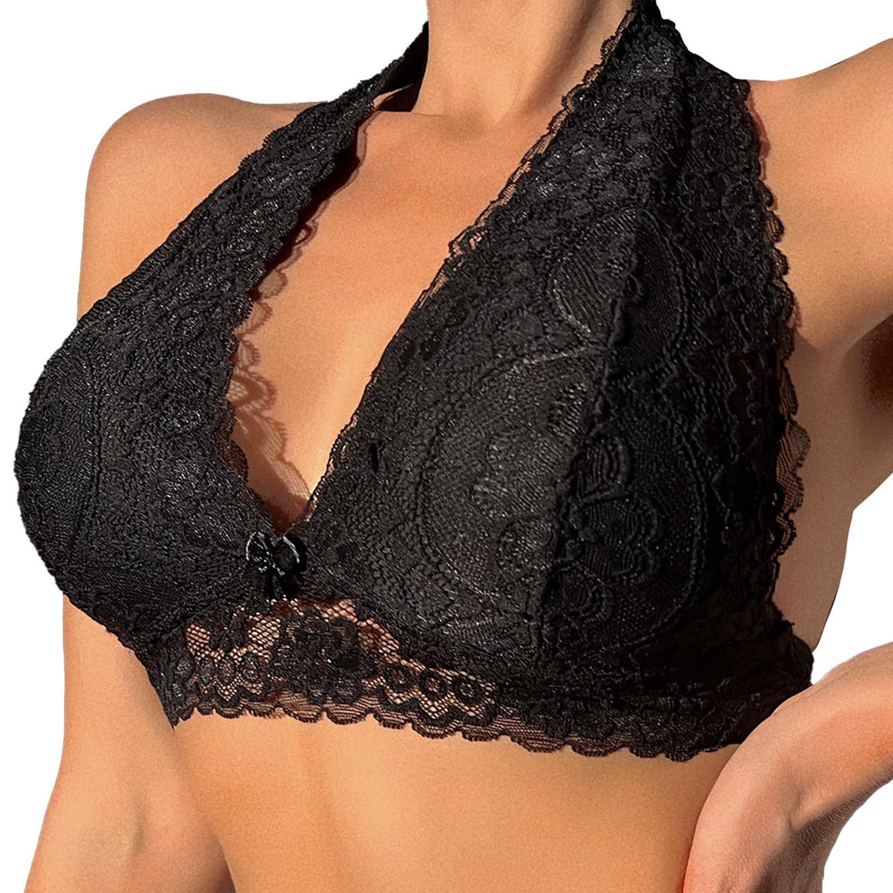 Viomisha Floral Lace Halter Bralette for Women Unpadded Wirefree Lace Bra Halter Crop Top with Hook and Eye Closure Back - Viomisha