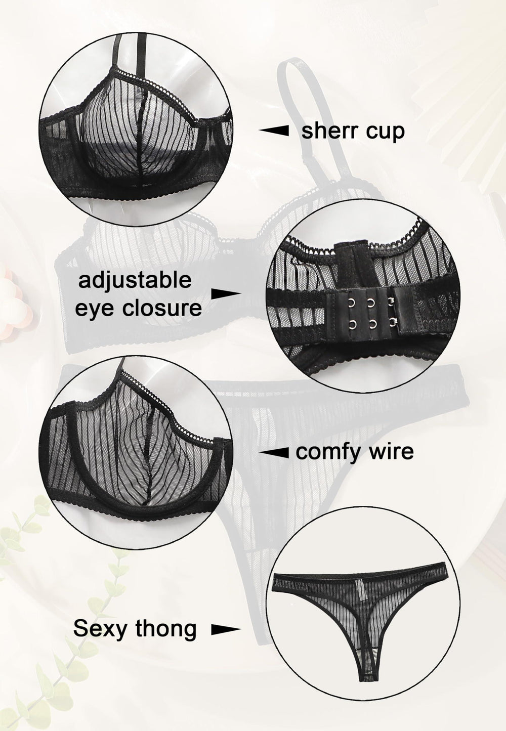 Viomisha Womens Transparent Bra and Underwear Set Perspective Mesh Underwear Bra Underwear Lace Bras Set 2-Piece Set Black - Viomisha