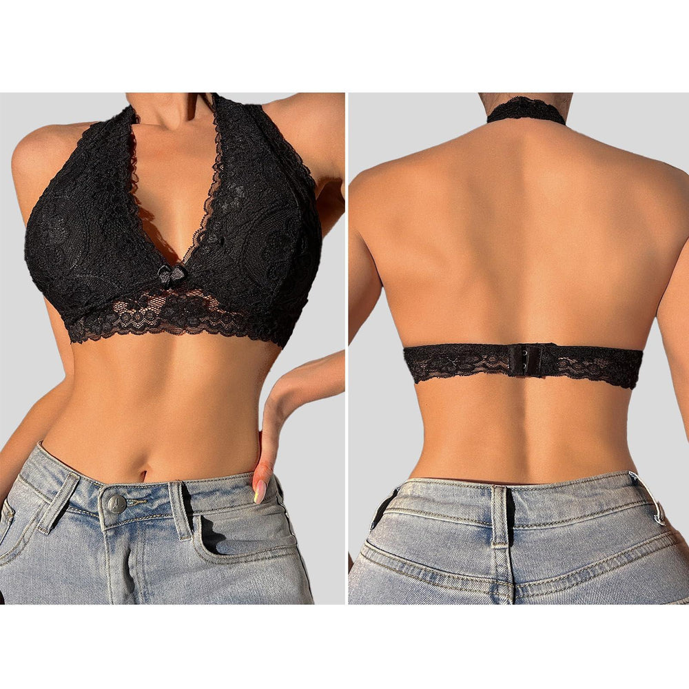 Viomisha Floral Lace Halter Bralette for Women Unpadded Wirefree Lace Bra Halter Crop Top with Hook and Eye Closure Back - Viomisha